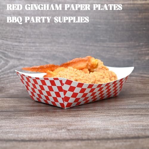 30 Pcs No Folding Required 2lb Gingham Party Supplies Disposable Paper Food Trays for Shower Wedding Tea Party Supplies Nacho Snack (Red)