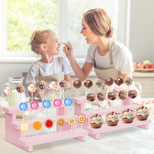 Wood Cake Pop Stands, 3 Tier Lollipop Holders with Twist Ties Lollipop Sticks, Sucker Display Riser for Dessert Table of Wedding Birthday Party (Pink-2P-17 Hole)
