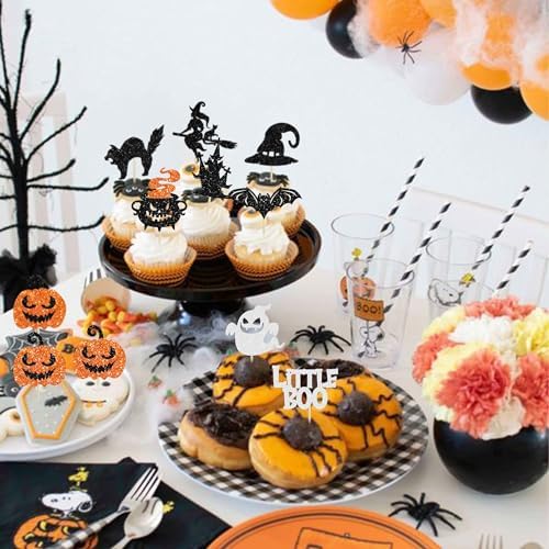 Gyufise 36Pcs Halloween Cupcake Toppers Glitter Bat Little Boo Pumpkin Cupcake Picks Witch Hat Spooky Ghost Castle Cat Cake Decorations for Halloween Theme Baby Shower Kids Birthday Party Supplies