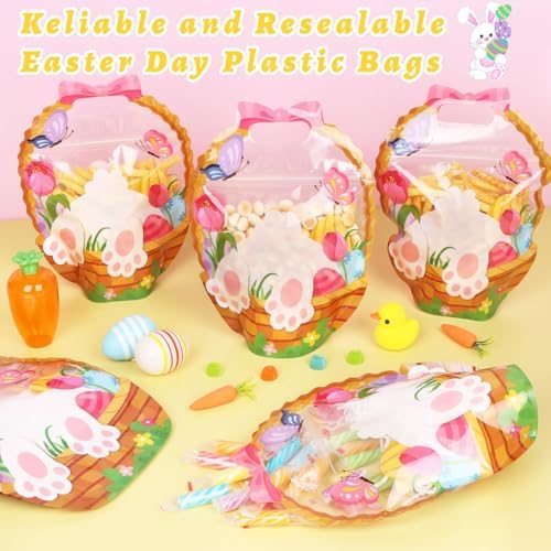 CCINEE 60 Packs Easter Treat Bags Bulk, Easter Gifts Bags with Handle Sealing Bunny Goodie Cellophane Ziplock Bag Bulk for Classroom School Party Favors Gift Exchange