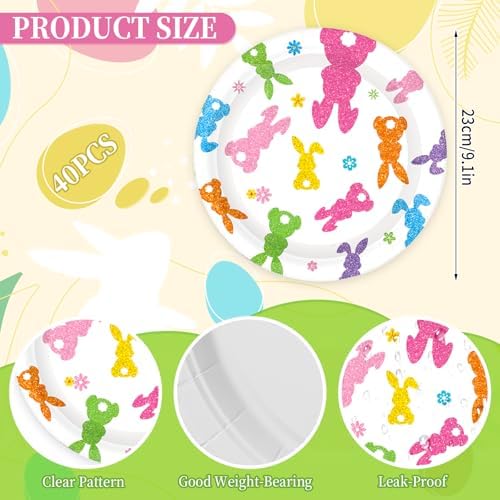 Whaline 40 Pcs Easter Bunny Paper Plates Disposable Plates 9 Inch Sparkly Colorful Rabbit Dessert Plates Flower Party Tableware for Spring Birthday Baby Shower Table Supplies
