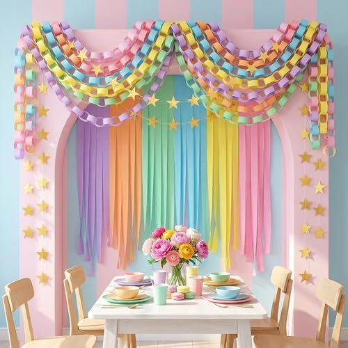 700 Sheet Macaron Paper Chain Strips and 52 ft Gold Star Garland Set