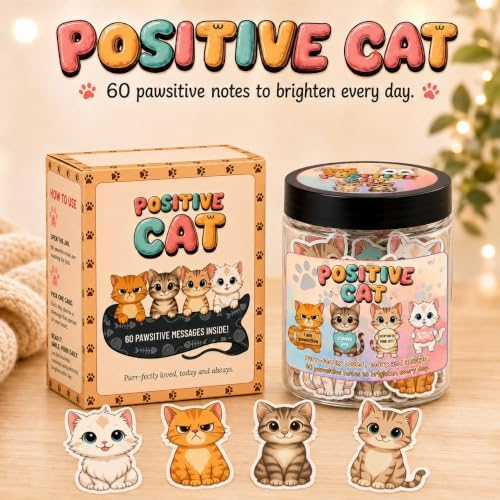 DEARMINE Positive Cat Jar, 60 Affirmation Cards, Cat Lover Gifts for Women