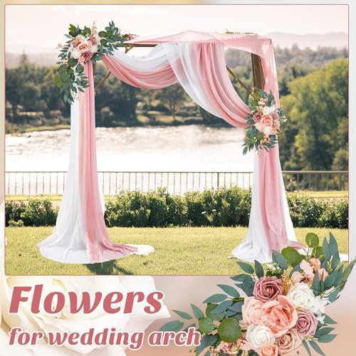 Thiccywoov 4 Pcs Wedding Arch Flowers and Drape Kit Include 2 Artificial Floral Swag and 2 Chiffon Drapes, Faux Flower Set for DIY Wedding Party Reception Ceremony Backdrop Rose Decoration (Pink)