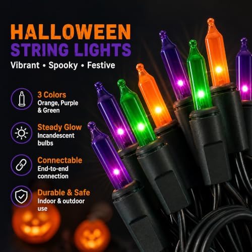 Dazzle Bright Purple Orange and Green Halloween Lights, 20FT 100 Count Mini String Lights, Waterproof Halloween Decorations for Outdoor Indoor Patio Home Party Garden Yard Decor