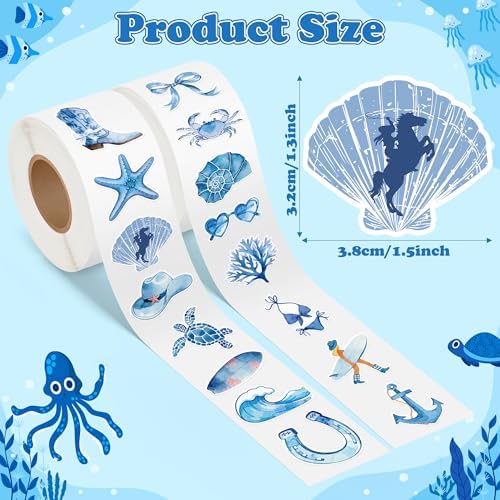 H1vojoxo Coastal Cowgirl Sticker Rolls - 1000PCS Summer Decorative Aesthetic Blue Ocean Beach Sea Animal Stickers for Girls 16 Styles Sea Turtles Conchs Vinyl Decals for Scrapbook Craft Water Bottle