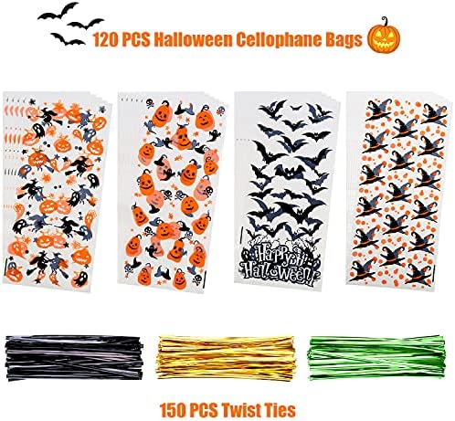 STEFORD Halloween Cellophane Bags,180 PCS Halloween Clear Cellophane Candy Gift Treat Bags for Party Favors Supplies