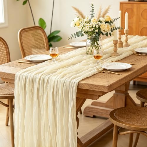 3Pcs Beige Table Runner, 10FT Rustic Cheesecloth Table Runner 35*120inch Boho Beige Runner for Wedding Bridal Shower Baby Shower Table Centerpiece Decorations