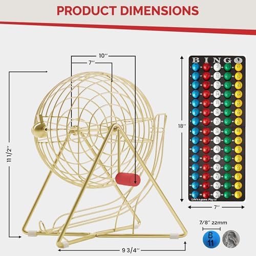 MR CHIPS 11" (Inch) Tall Professional Bingo Set with Steel Cage, Everlasting 7/8” Balls, Master Board for Balls - Luxury Gold Color