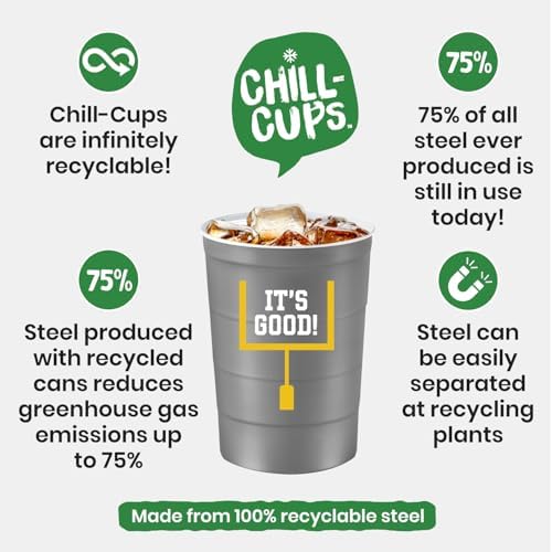 Steel Chill Cups 16 oz. Reusable Party Cups, Football, Gray, 12 Count