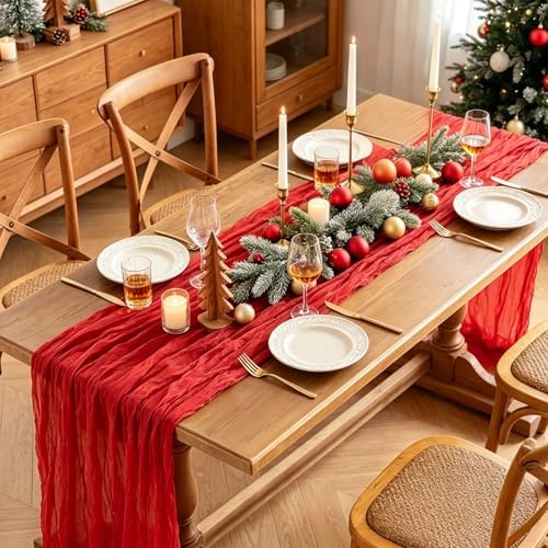 3Pcs Red Table Runner, 10FT Rustic Gauze Red Table Runner 35*120inch Boho Table Runners for Wedding Bridal Shower Birthday Baby Shower Table Centerpiece Decorations