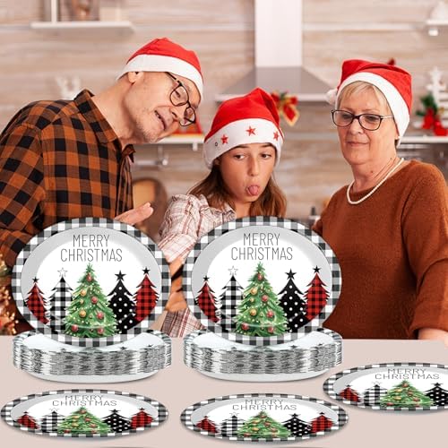 50Pcs Christmas Oval Paper Plates Large Disposable 11'' Dinner Plates Heavy Duty Buffalo Plaid Christmas Tree Black White Party Decoration Xmas Serving Tray for Holiday Party Supplies Tableware Set