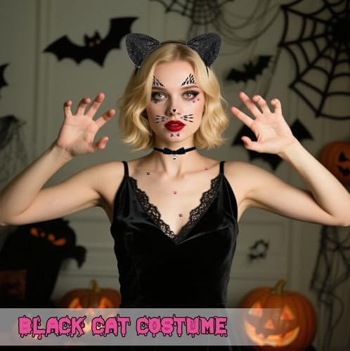 Black Cat Ears Headband, Bell Choker & Face Stickers - Black Cat Costume Outfit Woman Adult Women, Halloween Dress Up & Cosplay Party Accessories