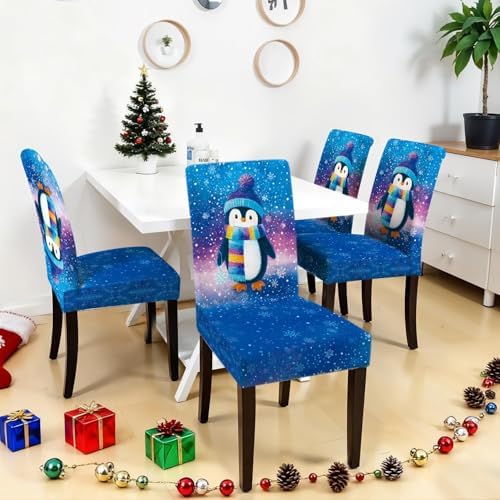 Penguin Chair Covers Set of 4, Stretchable Winter Themed Dining Chair Slipcovers with Snowflakes for Christmas Holiday Decor