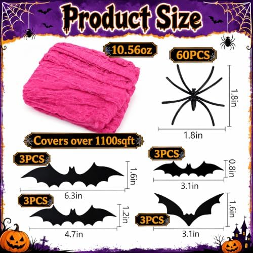 1100 Sqft Rose Red Halloween Spider Web Decor with 60 Fake Spiders 12 Bats