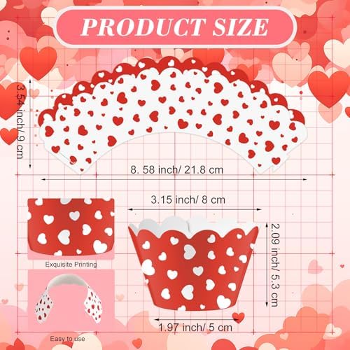Domensi 100 Pcs Red Heart Cupcake Wrappers Rustic Cupcake Liners Red and White Baking Cups Baking Liners for Mother's Day Wedding Bridal Baby Shower Birthday Tea Party Supplies Dessert Decorations