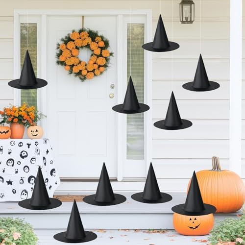 12 PCS Halloween Witch Hat, Black Hanging Witch Hat Costume Accessories Thickened Hanging Wizard Hats Bulk with 109 FT Rope Floating Porch Indoor Outdoor Home Yard Party Supplies