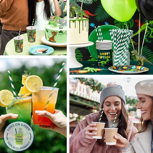 7.75" Green Straws, Green and White Striped Drinking Straws Disposable 100