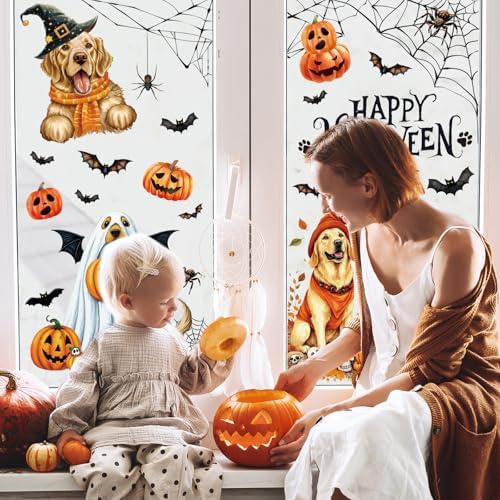 JarThenaAMCS 9 Sheets Halloween Dog Window Clings Ghost Puppy Pumpkin Bat Window Stickers Double-Sided Glass Decals for Home Classroom Office Party Decoration