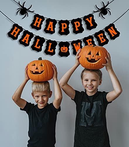 JOZON Happy Halloween Banner with Spider Pumpkin Sign for Party Decorations