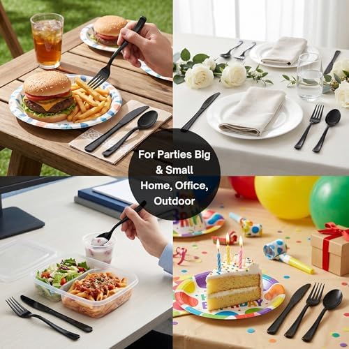 300Pcs Black Plastic Silverware Set, Disposable Forks Spoons Knives