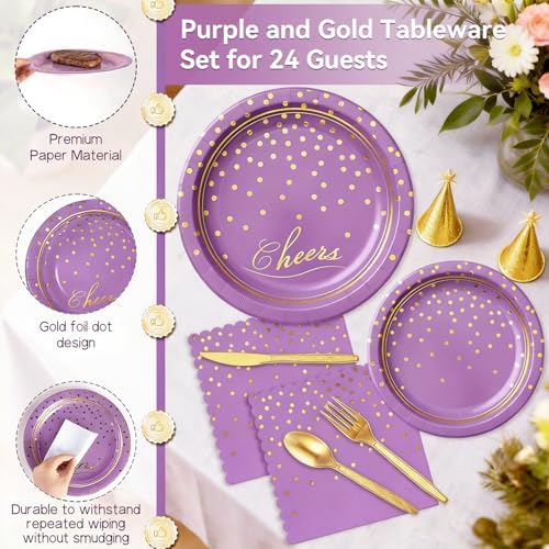 168Pcs Purple and Gold Paper Plates and Napkins Party Supplies for 24 Guest