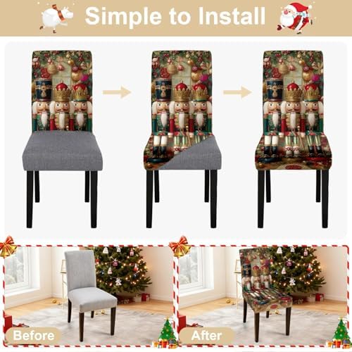 Nutcracker Chair Covers Set of 4, Stretchable Dining Chair Slipcovers with Christmas Ornaments for Christmas Holiday Decor