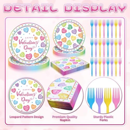 100 Pieces Valentine’s Day Party Tableware Set – Candy Heart Plates, Napkins and Forks, Love Heart Disposable Dinnerware for Valentine Classroom Party and Birthday Supplies