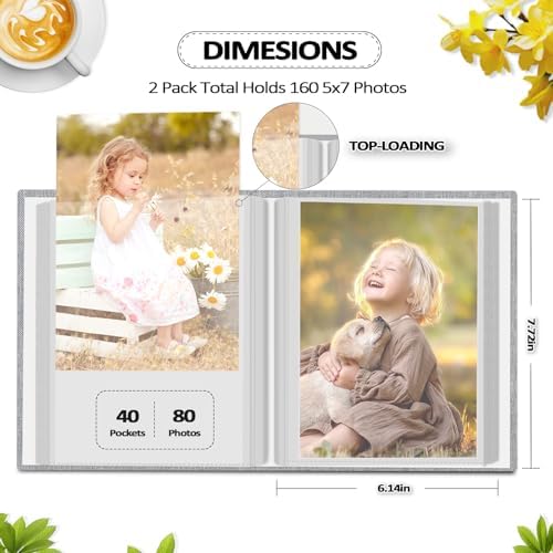 Popotop 2 Pack Photo Album 5x7 Pictures, Small Linen Slip-in Photo Albums Book for 80 Photos with 40 Pockets, Birthday Gifts for Women Mom Family Baby