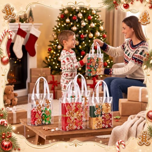 Pajean 25 Pcs Christmas Plastic Gift Bags with Handles, Gingerbread Pouches