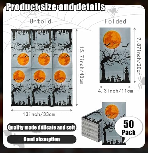SietDESEO 50 PCS 3-ply Halloween Dinner Napkins 13 x 15.7 Inch Guest Bathroom Napkins Disposable Hand Towels for Halloween Party Supplies Paper Napkin Decorative