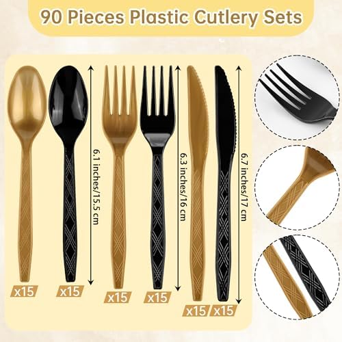 Kochorie 90 Pieces Black and Gold Plastic Cutlery Set