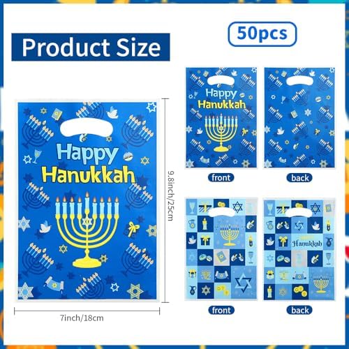 vueuKiGE Hanukkah Gift Bags, 50 PCS Hanukkah Treat Bags with Handles, 7x9.8 Inch Plastic Chanukah Gift Goodie Candy Cookie Bag Jewish Themed Party Favor Bag for Hanukkahs Party Decorations Supplies