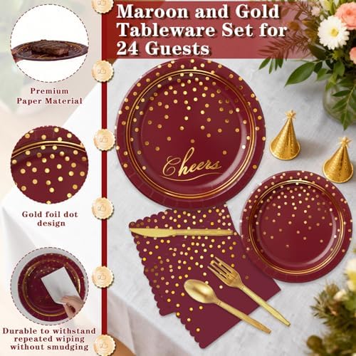 168Pcs Maroon and Gold Paper Plates and Napkins Party Supplies for 24 Guest