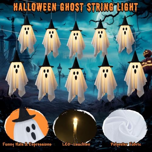 Halloween Ghost Decor 12.5 FT Halloween Ghost String Lights with Hats