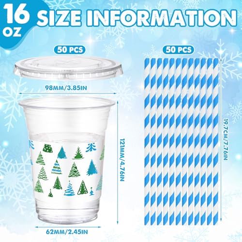 Funnymoom 50 Sets Christmas Disposable Plastic Cups Bulk with Lids Straws 16 oz Red Green Xmas Tree Plastic Cups Cold Beverage Drinking Container for Xmas Holiday Juice Hot Cold Drinks