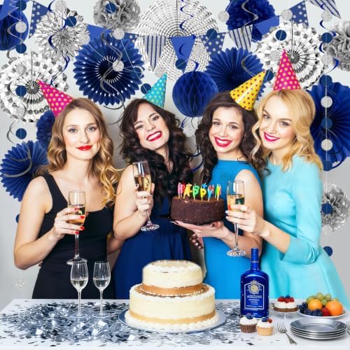 24 Pcs Blue Silver Party Decorations, Paper Fans Pom Poms Banner 8-16 in