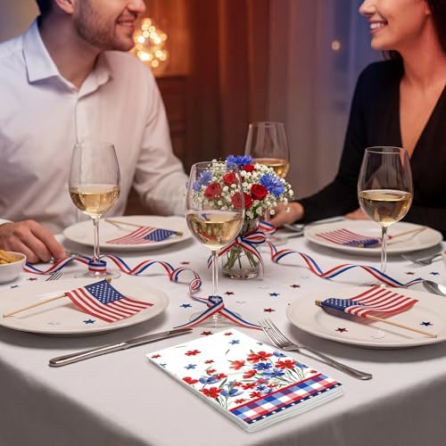 4th of July Disposable Paper Napkins, 200 Pcs Patriotic Napkins for Bathroom, 250th Anniversary Red White Blue Floral Buffalo Plaid Napkins for Independence Day Memorial Day Party Supplies
