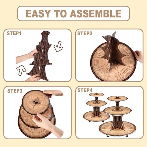 PANGU 2 Pack Rustic Wood Cupcake Stand for Party, 3-Tier Cardboard Cupcake Tower Holder for Baby Shower, Birthday, Camping, Safari Theme, Woodland Party Decorations, Dessert Display Tray (Wood Grain Look)
