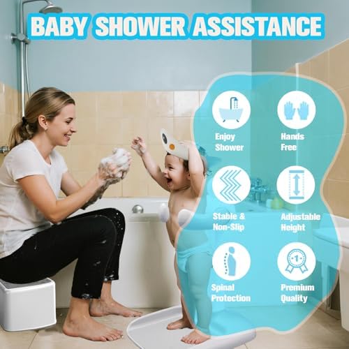 Baby Shower Stand 𝙬𝙞𝙩𝙝 𝙎𝙝𝙤𝙬𝙚𝙧 𝘾𝙖𝙥 & 𝙎𝙩𝙤𝙤𝙡 - Safety & Non-Slip Baby Bath Stand, Toddler Shower Stand for Infants 6-36 Months, Shower Standing Support Max 35 Lbs Capacity
