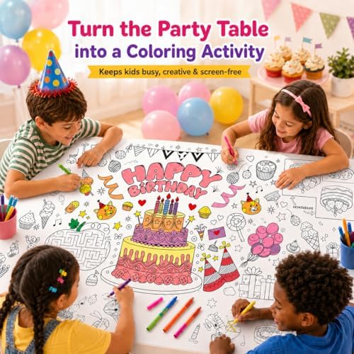 Happy Birthday Giant Coloring Tablecloth, 28 x 72 Inch Kids Party Poster