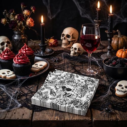 WRAPAHOLIC 50Pcs Halloween Cocktail Napkins - 3-Ply Black Gothic Skull Disposable Paper Napkins for Halloween, Birthday, Party - 5 x 5 In