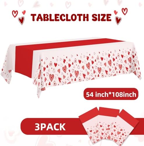 Valentine's Day Tablecloth 3-Pack, 54x108 Inch Disposable Plastic Table Covers, Red Heart Themed Decor for Romantic Party, Wedding, Anniversary, and Valentine's Day Table Decorations