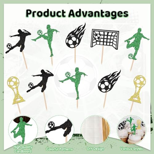 24Pcs Soccer Cuocake Toppers, Glitter Soccer Ball Party Cake Decorations