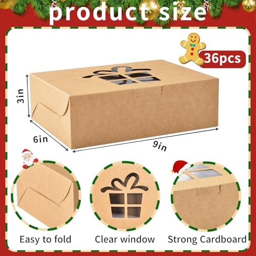 KPOSIYA 36 Pack Christmas Cookie Boxes for Gift Giving, 9x6x3 Inch Brown Bakery Boxes with Window, Large Holiday Cookie Tins with Lids, Small Xmas Treat Boxes for Pastry Dessert Cupcakes Packaging