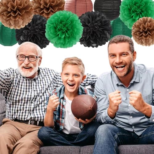 Football Party-Decorations Paper-Flowers - 15pcs Green Brown Black Tissue Pom Poms Lanterns Streamers,Birthday Baby Shower Bachelorette Hanging Supplies Decor Hugfond
