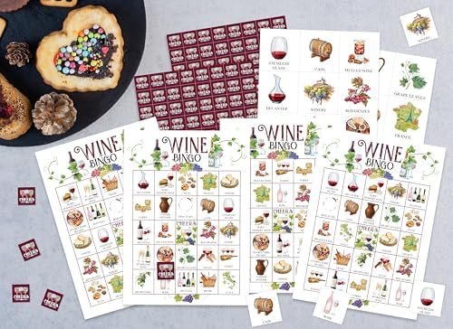 Wine Bingo Game, Wine Tasting Party Game Cards for Adults, 24 Players Holiday Cheers Activities for Family Friends, Winery Bridal Shower or Bachelorette Party Supplies Favor Decor, (006)