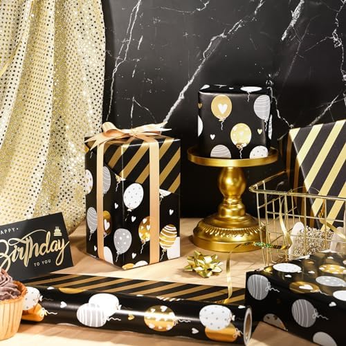 WRAPAHOLIC Reversible Birthday Wrapping Paper Roll - Mini Roll - 17 Inch X 33 Feet - Metallic Black Gold Balloon Design for Birthday, Holiday, Party, Baby Shower