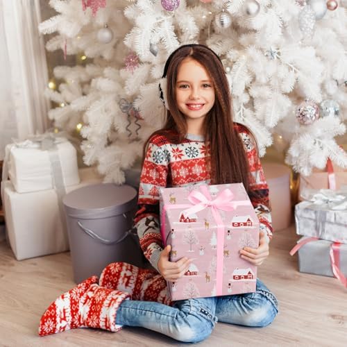 Cuitpan Pink Christmas Wrapping Paper - Xmas Gift Wrap with Snowy Houses, Reindeer, Snowmen & Trees Design - Perfect for Kids & Adults Gift Wrapping - 40×28 Inches, 4 Folded Sheets