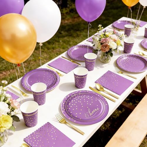168Pcs Purple and Gold Paper Plates and Napkins Party Supplies for 24 Guest